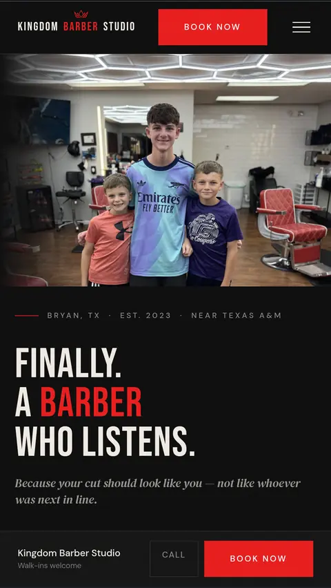 Kingdom Barber Studio home page on a phone, dark layout with the headline Finally, a barber who listens over a photo of the shop