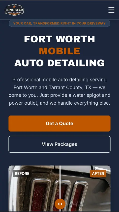 Lone Star Detailing home page on a phone, headed Fort Worth mobile auto detailing, with a before and after photo