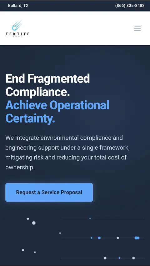 Tektite Energy home page on a phone, dark industrial layout headed End fragmented compliance, achieve operational certainty